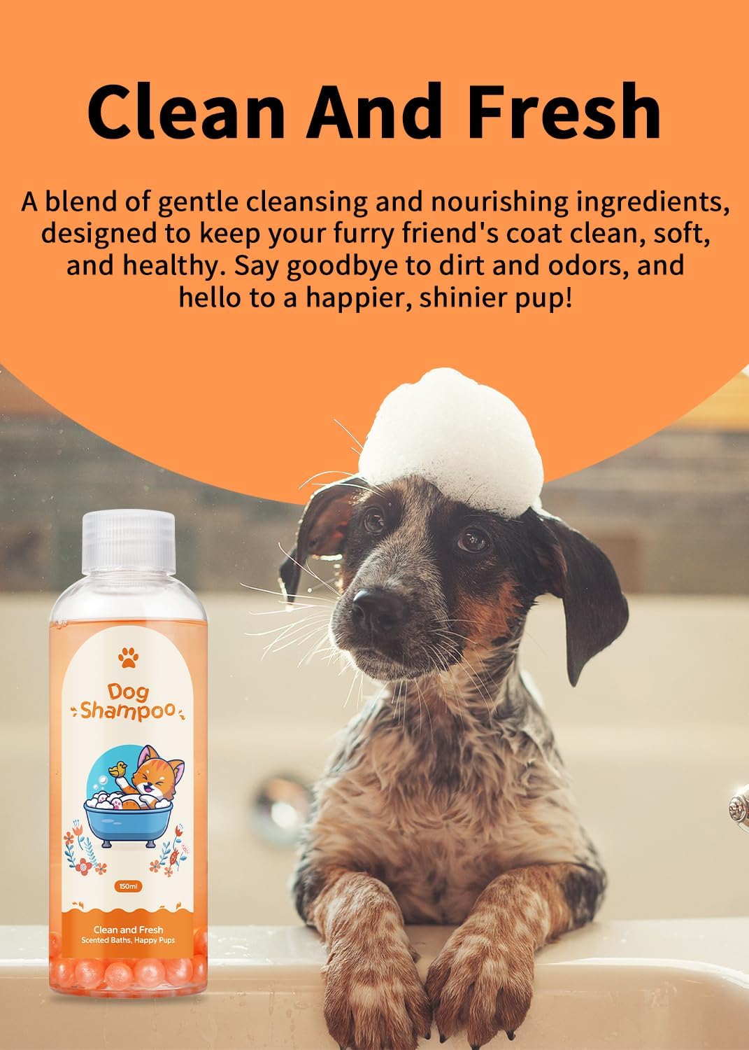 Dog shampoo bottle with a dog in a bath, set against an orange background with text about the product.