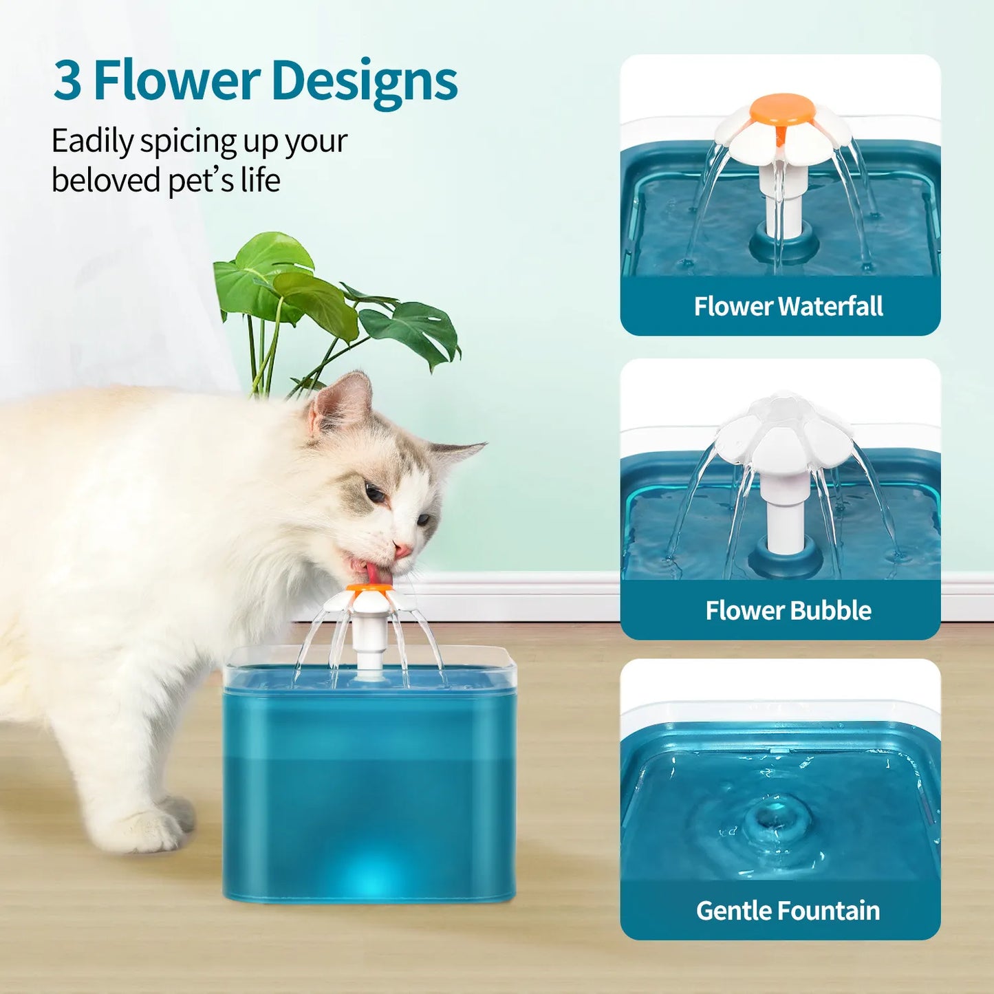 Pet water fountain with three flower design options and a cat drinking from it.