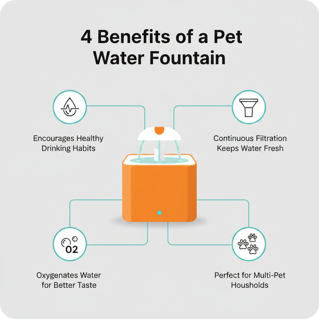 Blue pet water fountain with a white and orange top on a white background