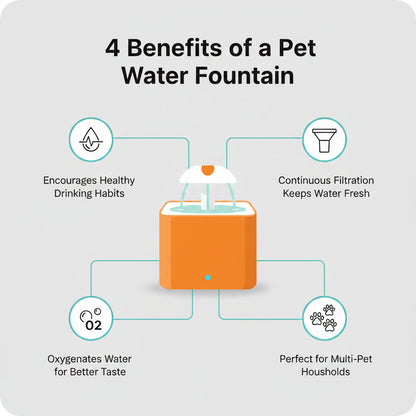 Blue pet water fountain with a white and orange top on a white background
