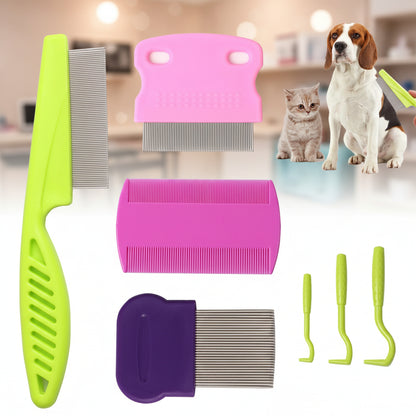 Set of pet grooming tools including brushes and combs on a white background with pets.