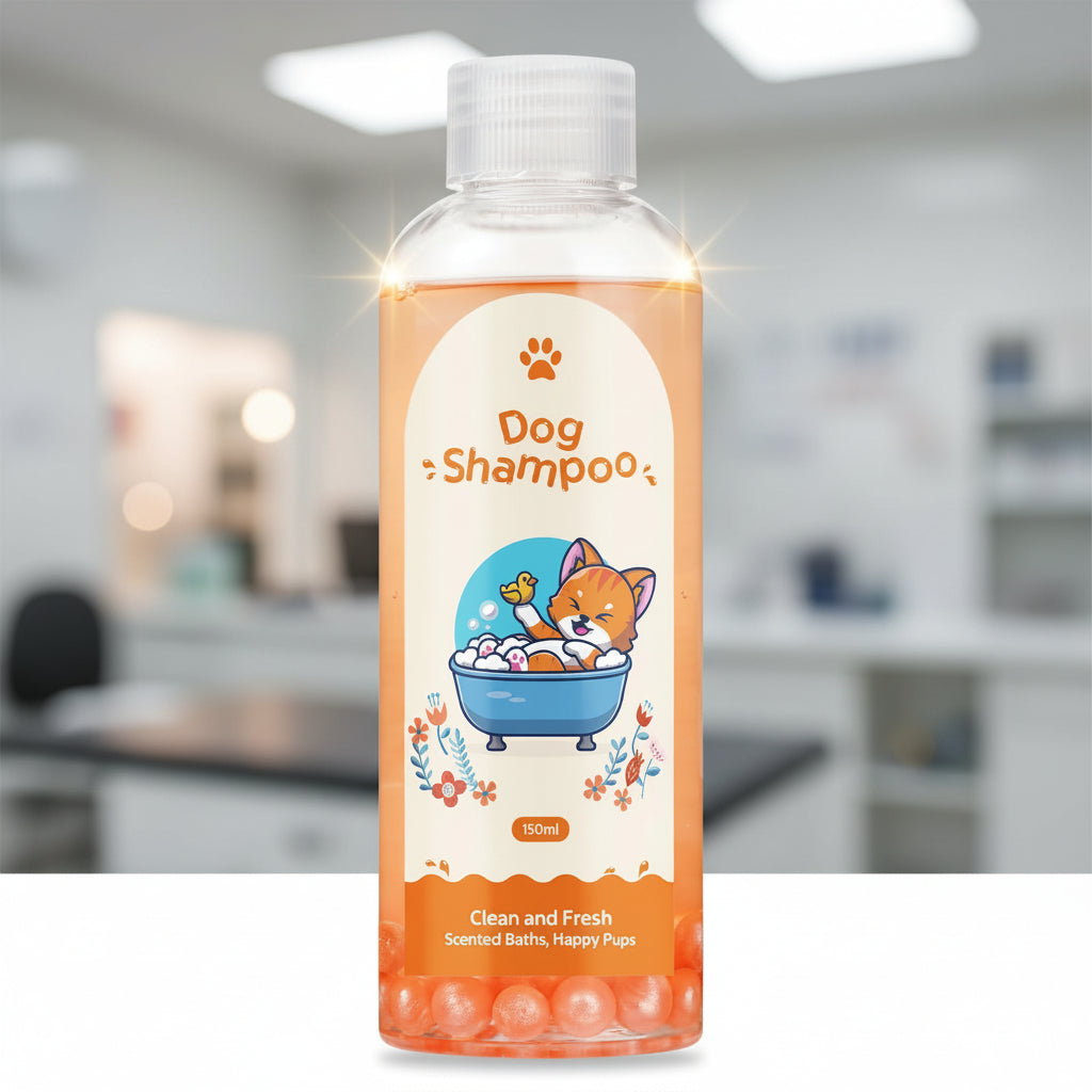A 150ml bottle of dog shampoo with a clear cap and a white label featuring a cartoon puppy in a blue bath tub. The bottle is filled with orange-colored liquid and contains small orange beads at the bottom, set against a plain white background.