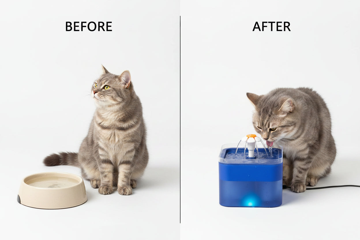 Blue pet water fountain with water flowing on a white background