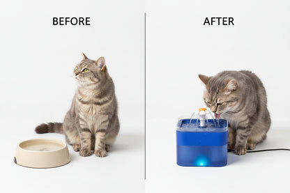 Blue pet water fountain with water flowing on a white background