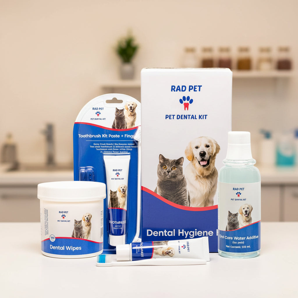 RAD PET Pet Dental Kit with various dental care products on a white background