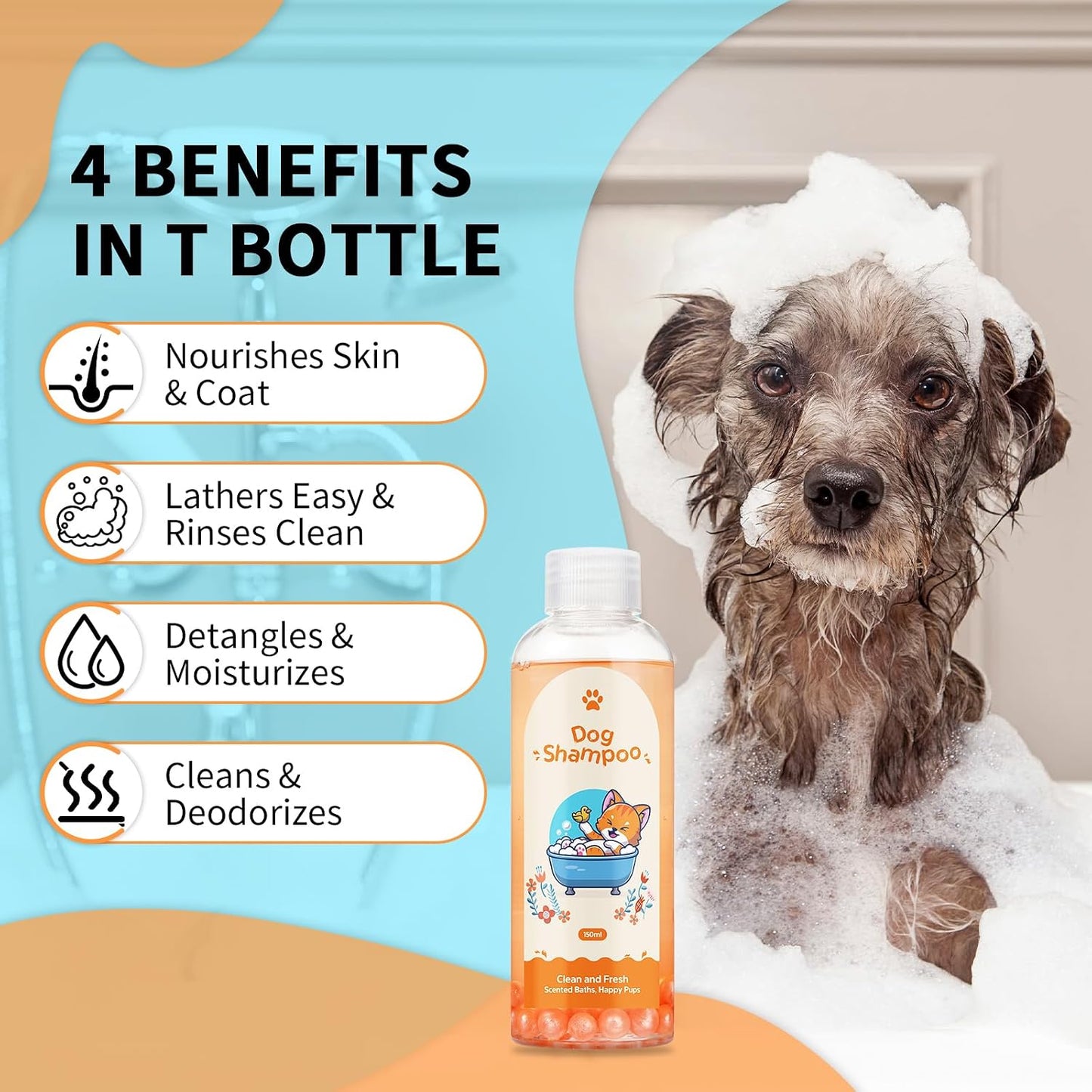 Dog shampoo bottle with a dog in a bathtub and text listing benefits