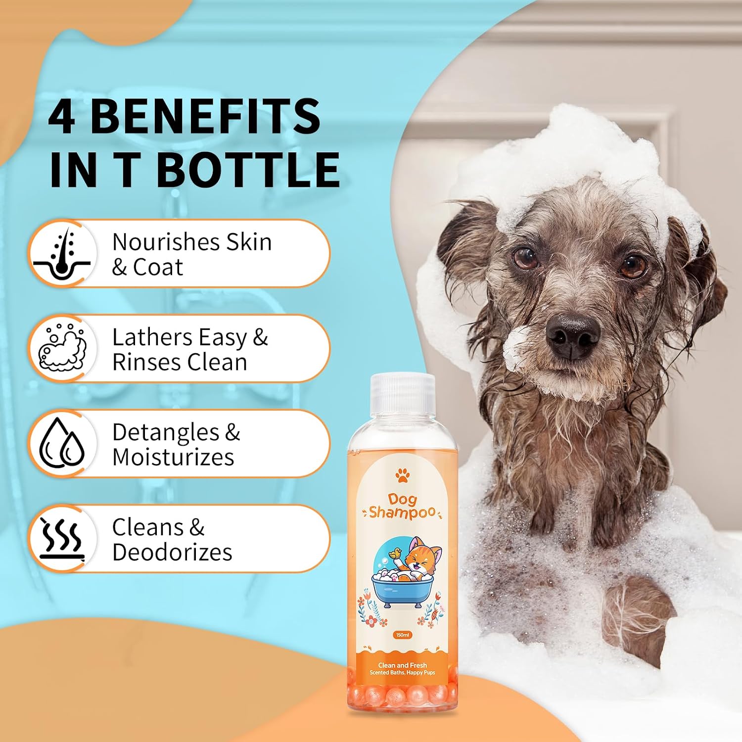 Dog shampoo bottle with a dog in a bathtub and text listing benefits