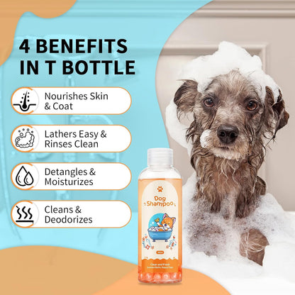 Dog shampoo bottle with a dog in a bathtub and text listing benefits