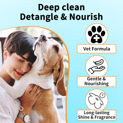 Promotional graphic for a pet grooming product with the headline 'Deep clean Detangle & Nourish' on a light blue background. On the left, a woman hugs a brown-and-white dog.