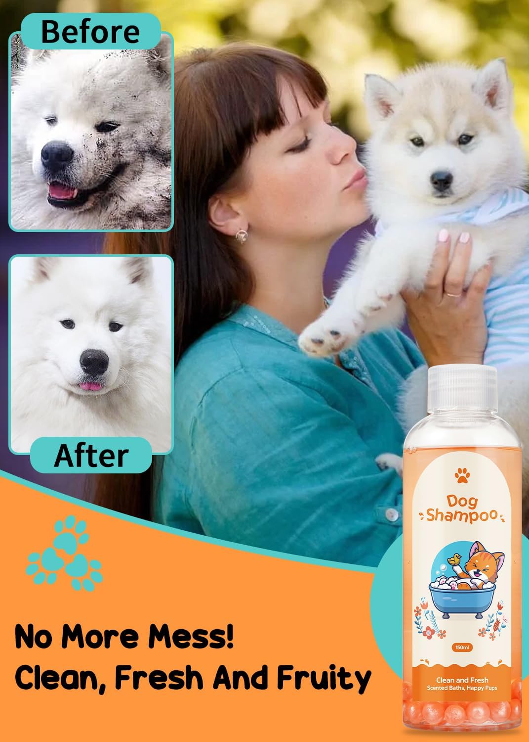 Woman holding a puppy with 'Before' and 'After' images of a dog, and a bottle of dog shampoo.