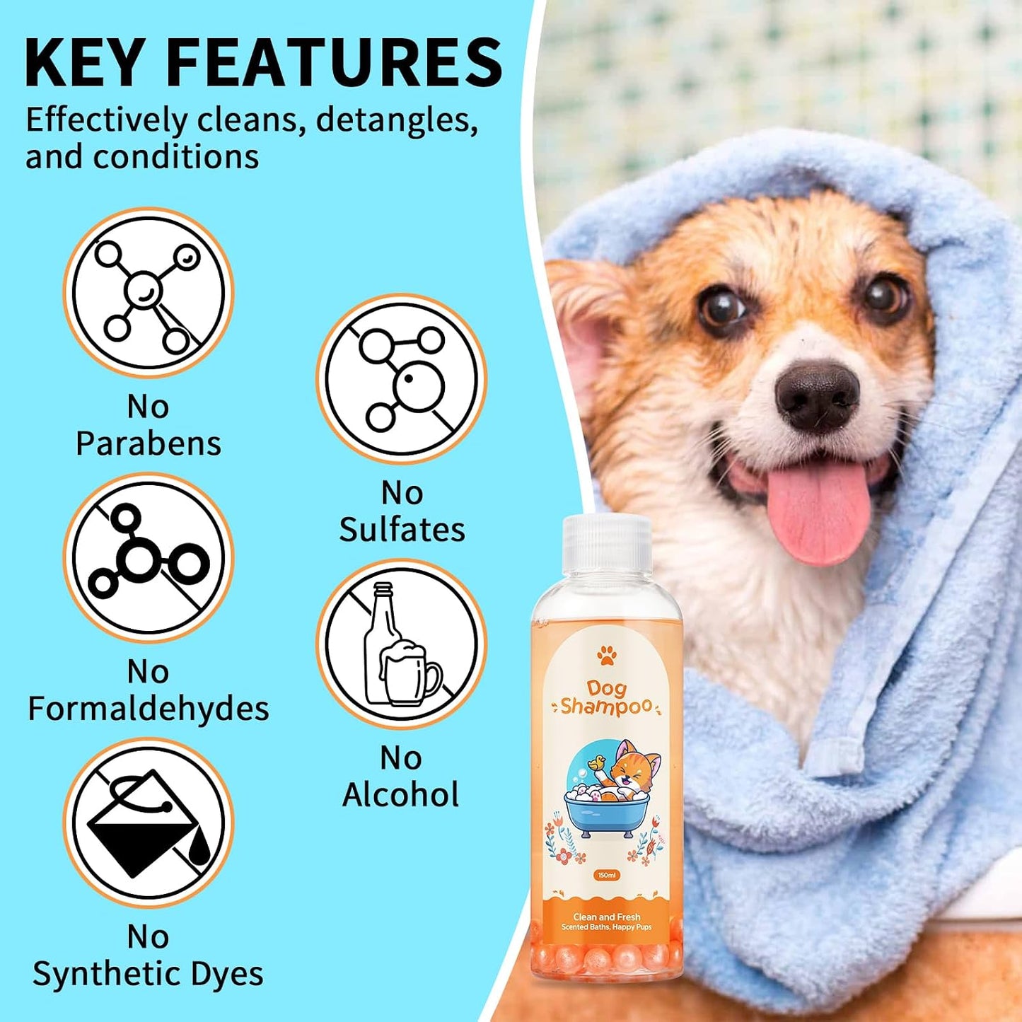 Dog shampoo bottle with a dog wrapped in a towel, key features listed on the left.
