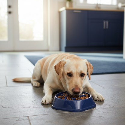 Beige dog food bowl with raised sections on a white background
