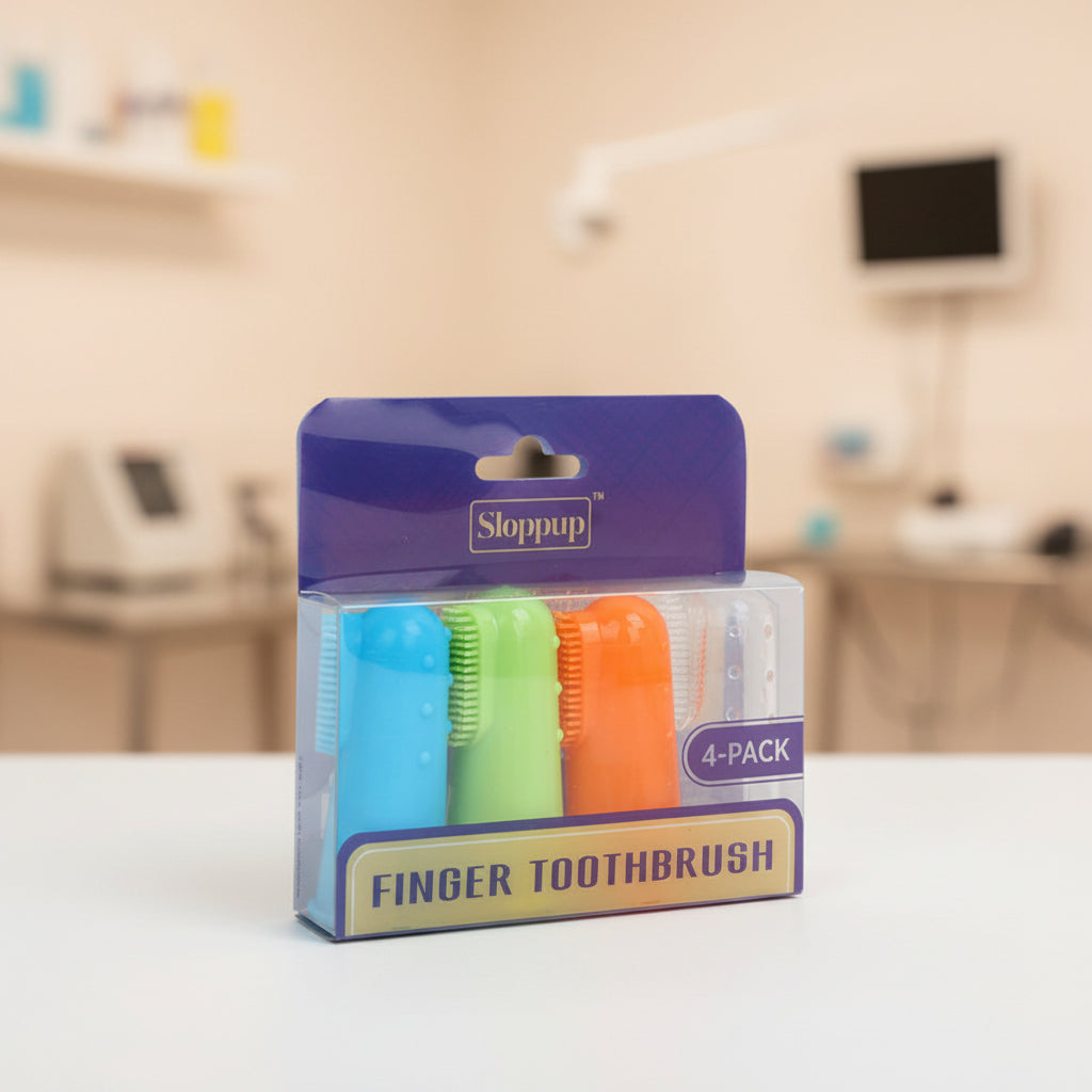 Packaged set of colorful finger toothbrushes with Sloppup branding on a white background