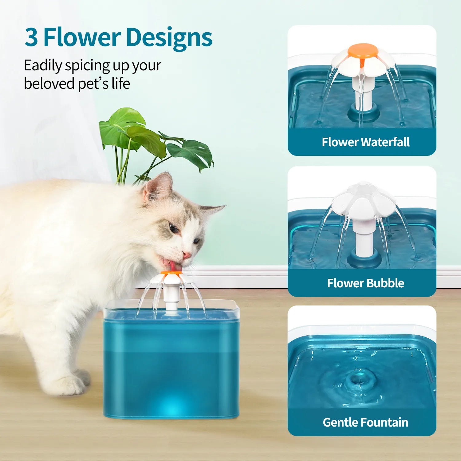Pet water fountain with three flower design options and a cat drinking from it.
