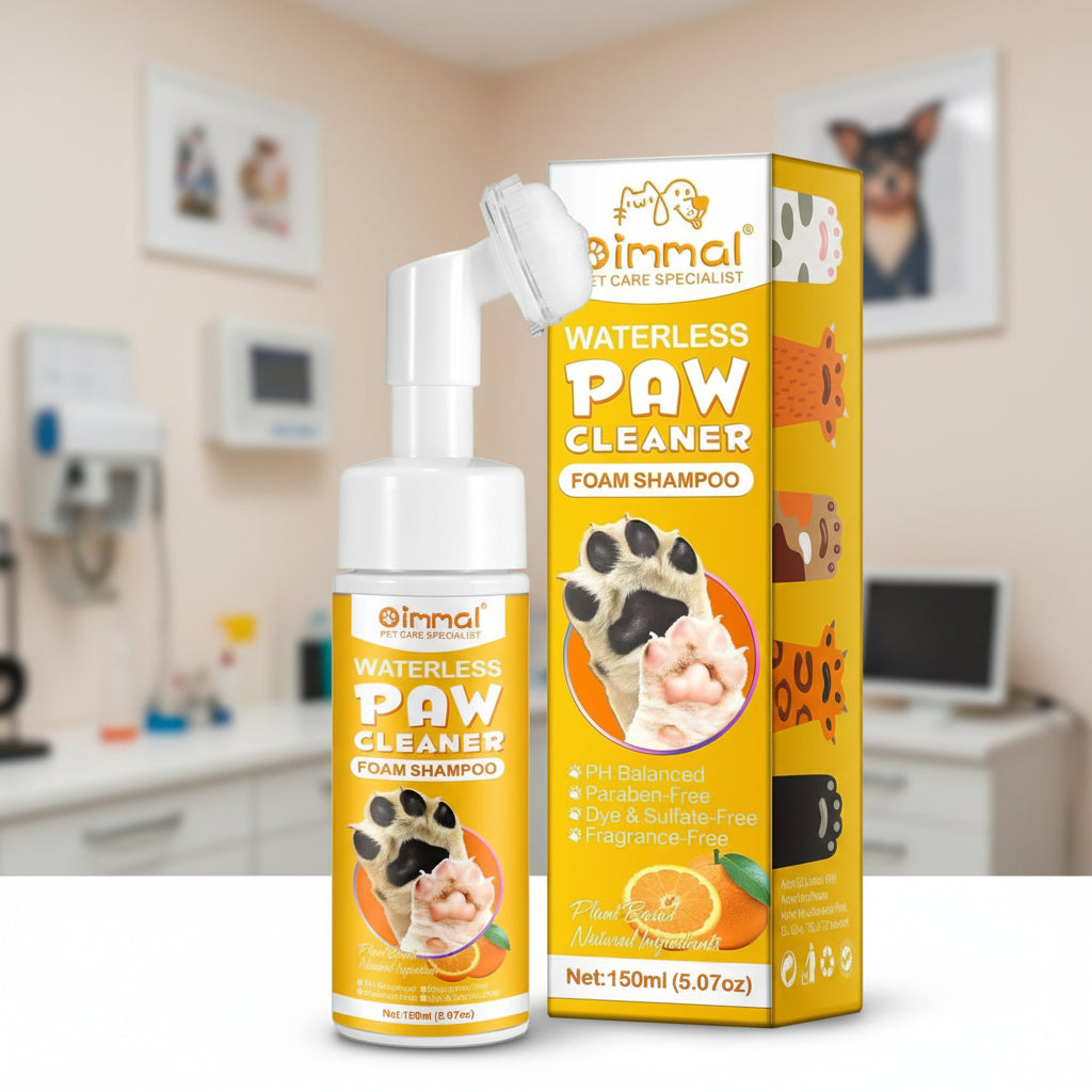 Dog with paw cleaner and packaging on a white background