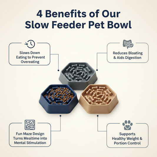 Purple pet slow feeder with measurements on a white background