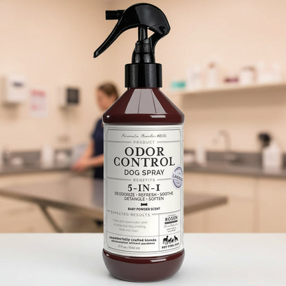 Odor control dog spray bottle with label on a white background