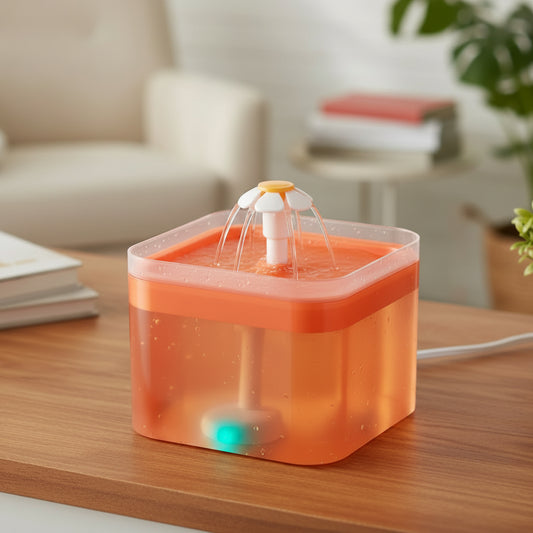 Orange pet water fountain on a white background